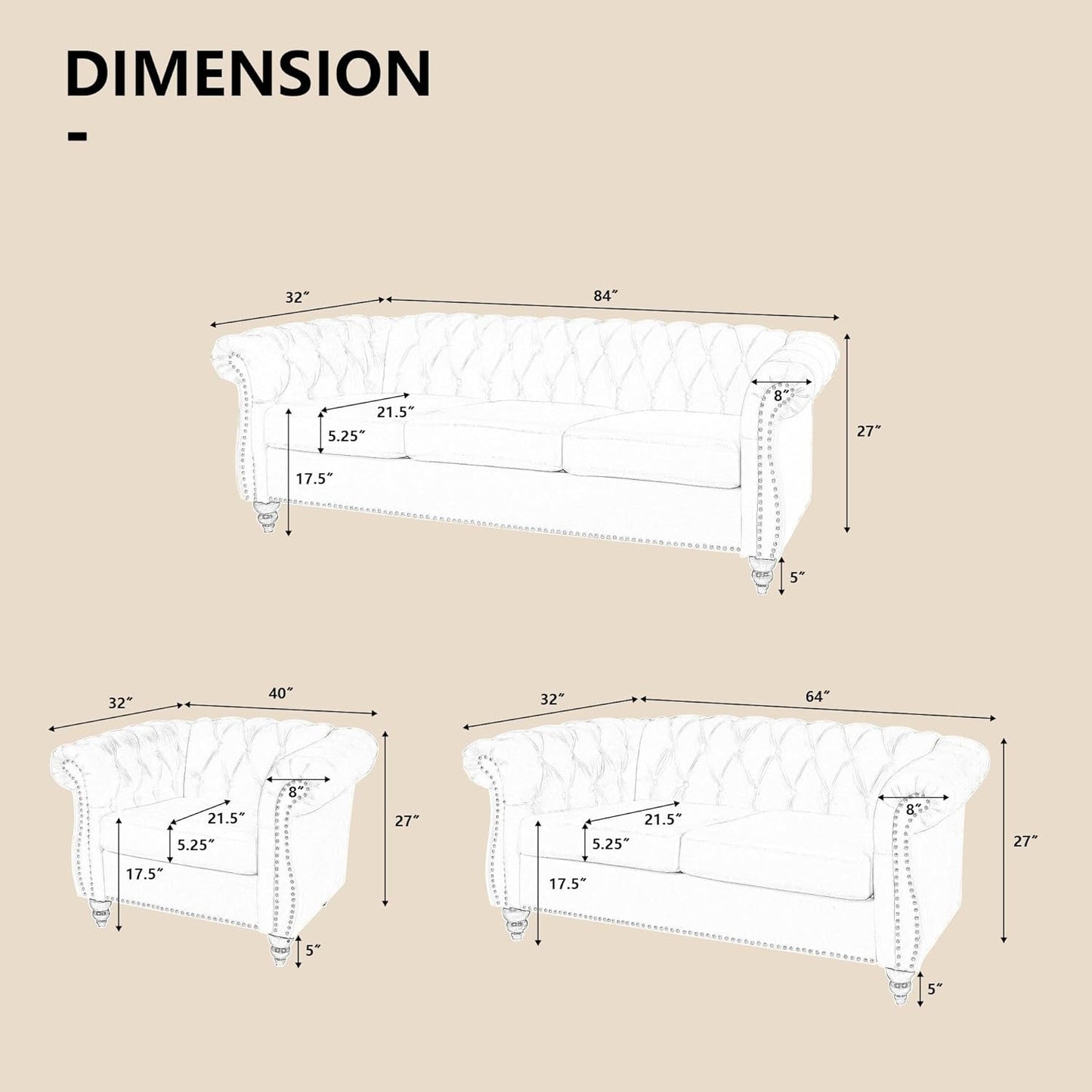Regal Haven 3-Piece Velvet Chesterfield Seating Set